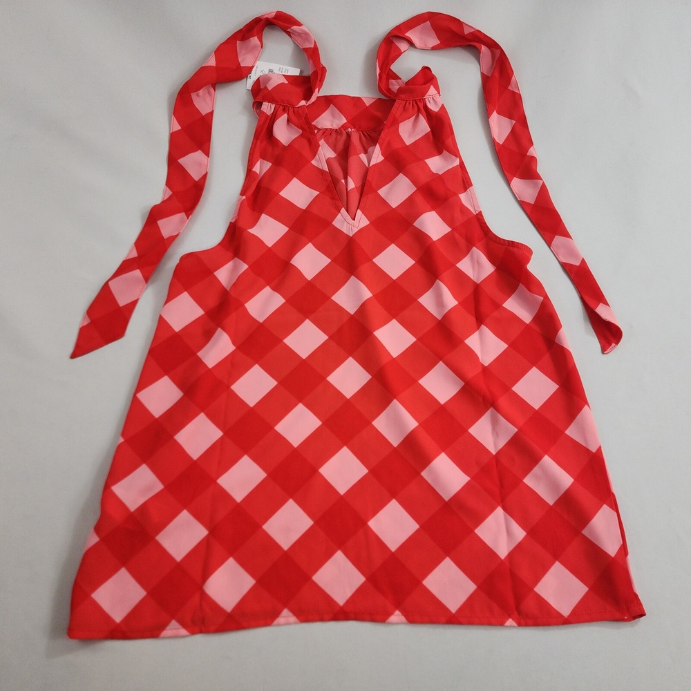 J.CREW Womens Sleeveless Blouse Red Pink Check V-Neck Tie Shoulder Top AP124 2